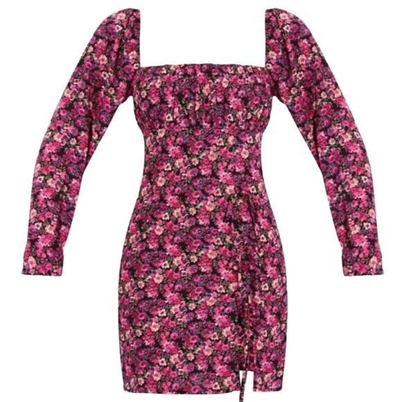 Pretty Little Thing Dress Womens Black Pink Floral Bow Slit Bodycon Cottagecore - Picture 12 of 13